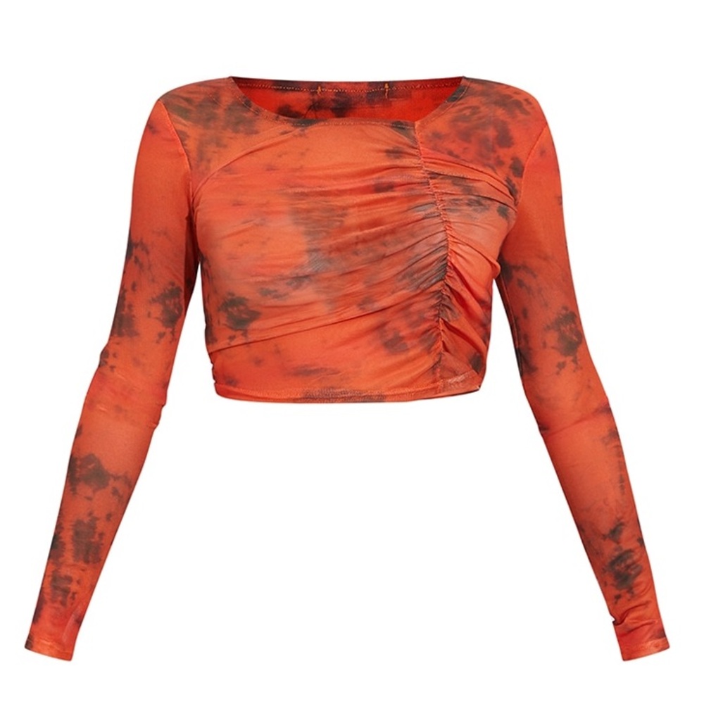 Pretty Little Thing Petite Ruched Red Water Colour Mesh Top - Picture 3 of 9